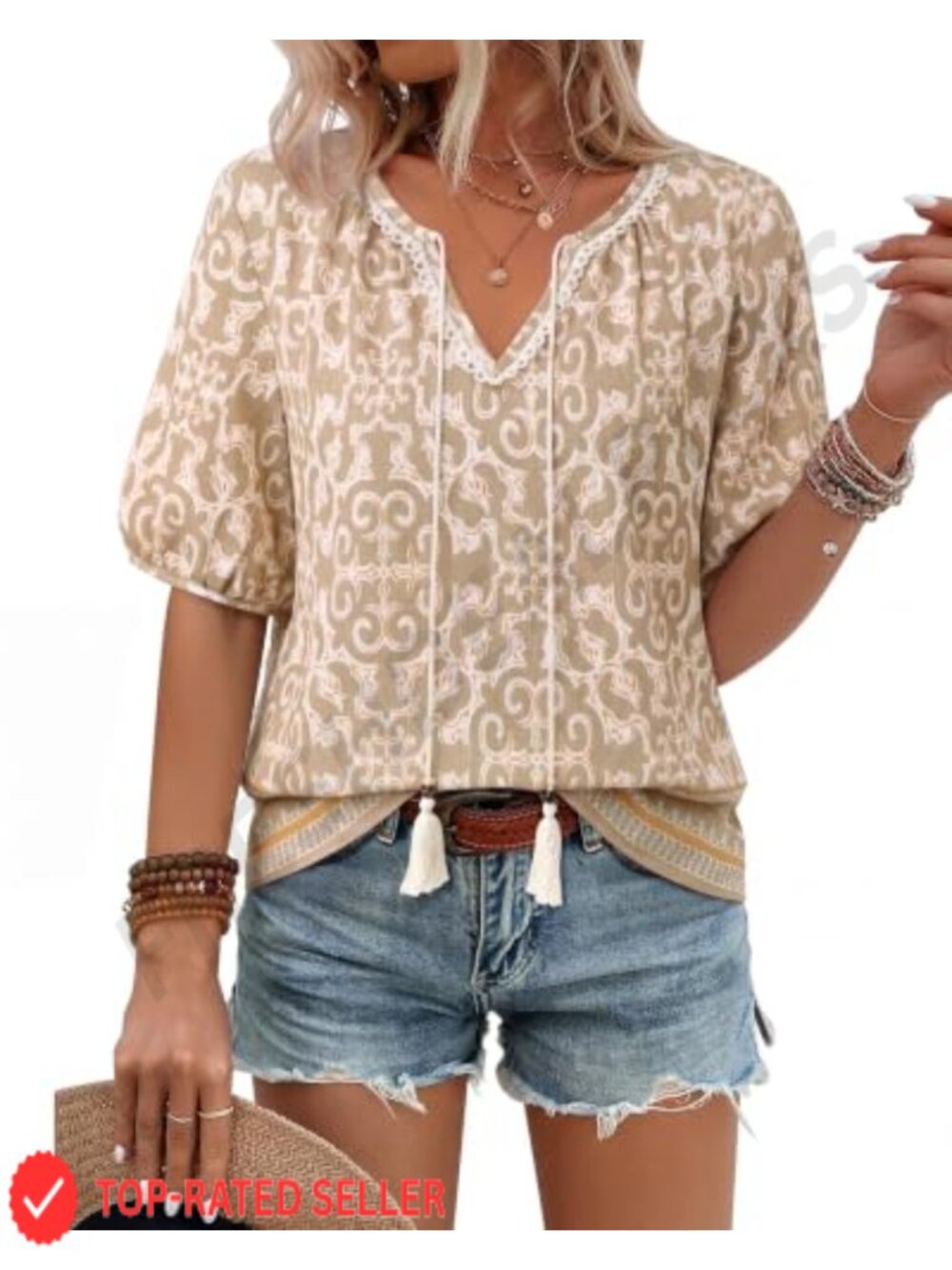 Womens Boho Floral V-Neck Tie Front Blouse Puff Sleeve Rayon Nylon Top